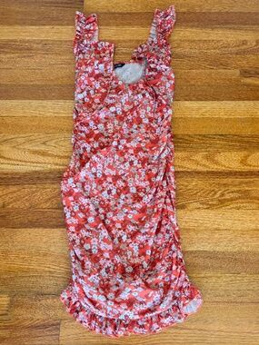 CHICME Red Floral Ruched Midi Dress S Ruffle Strap Bodycon